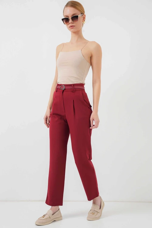 Kadın Bordo Yüksel Bel Kemerli Kumaş Pantolon HZL25S-BD167251