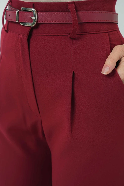 Kadın Bordo Yüksel Bel Kemerli Kumaş Pantolon HZL25S-BD167251