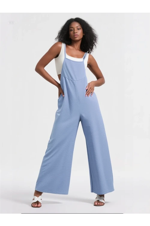 Kadın Buz Mavi Ayarlanabilir Askılı Cepli Bol Paça Bahçıvan Tulum HZL22S-BD170191