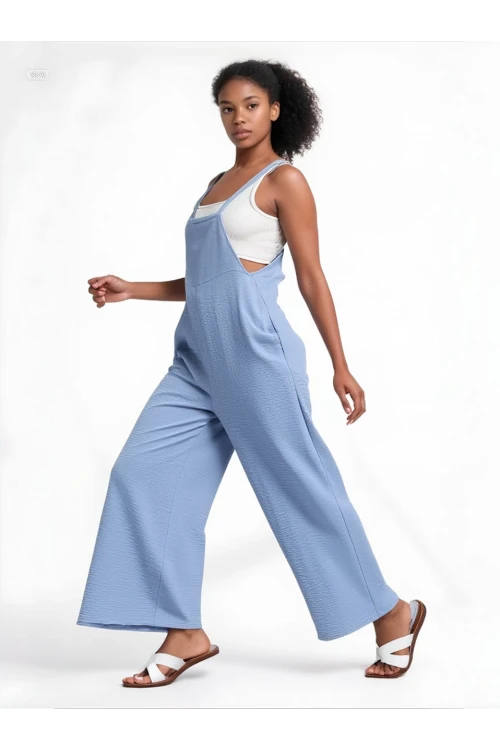 Kadın Buz Mavi Ayarlanabilir Askılı Cepli Bol Paça Bahçıvan Tulum HZL22S-BD170191