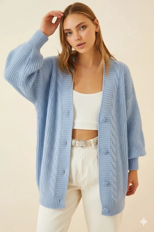 Kadın Buz Mavi Saç Örgü Desen Uzun Düğmeli Rahat Kesim Triko Hırka HZL23W-BD1100691