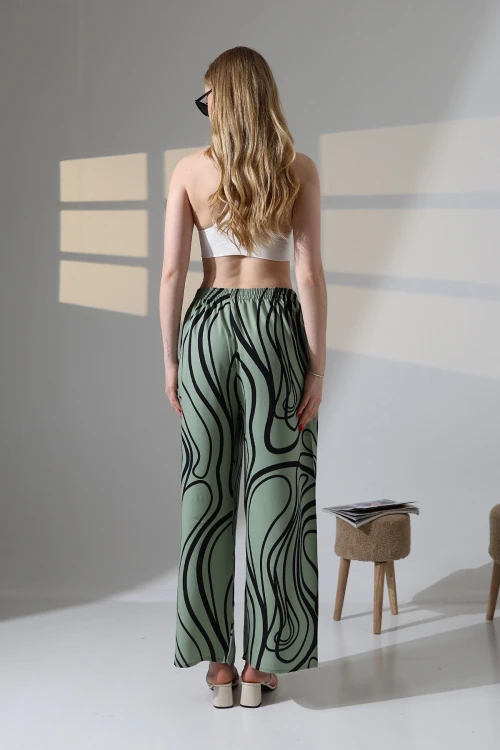 Kadın Çağla Desenli Beli Lastikli Cepsiz Bol Kesim Viskon Pantolon HZL25S-DSB17771