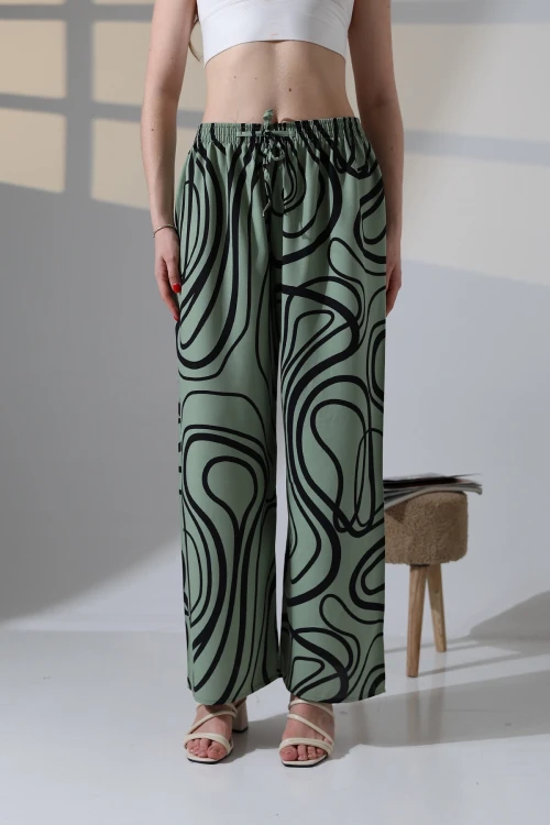 Kadın Çağla Desenli Beli Lastikli Cepsiz Bol Kesim Viskon Pantolon HZL25S-DSB17771