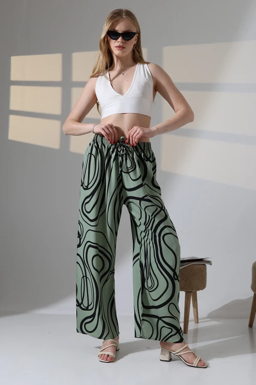 Kadın Çağla Desenli Beli Lastikli Cepsiz Bol Kesim Viskon Pantolon HZL25S-DSB17771