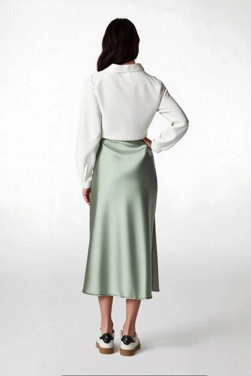 Kadın Çağla Saten Yüzeyli Beli Lastikli Midi Boy Etek Hzl23s-bd1101471