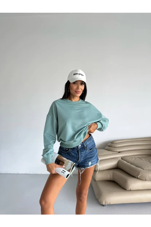 Kadın Çağla Yeşil Bisiklet Yaka 2 İplik Sweatshirt HZL25W-FRY123391
