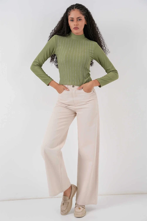 Kadın Çağla Yeşil Yarım Balıkçı Önü Taşlı Body HZL25W-BD19221