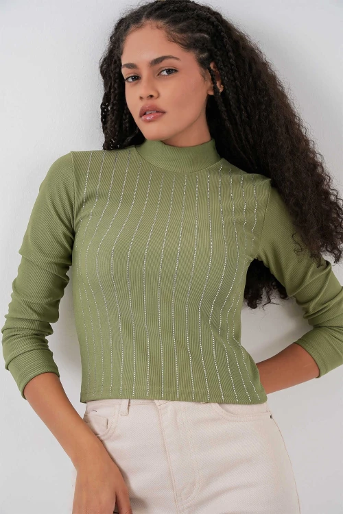 Kadın Çağla Yeşil Yarım Balıkçı Önü Taşlı Body HZL25W-BD19221