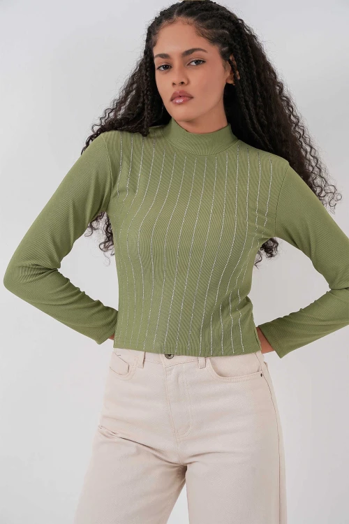 Kadın Çağla Yeşil Yarım Balıkçı Önü Taşlı Body HZL25W-BD19221