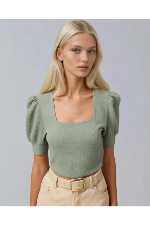 Kadın Çağla Yeşili Kare Yaka Örme Bluz HZL22W-BD104091