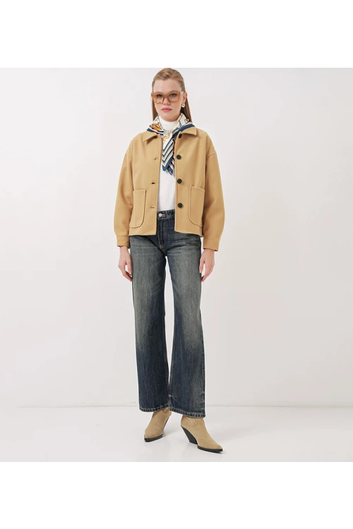 Kadın Camel Düğmeli Cepli Kısa Kaşe Ceket HZL25W-BD107131
