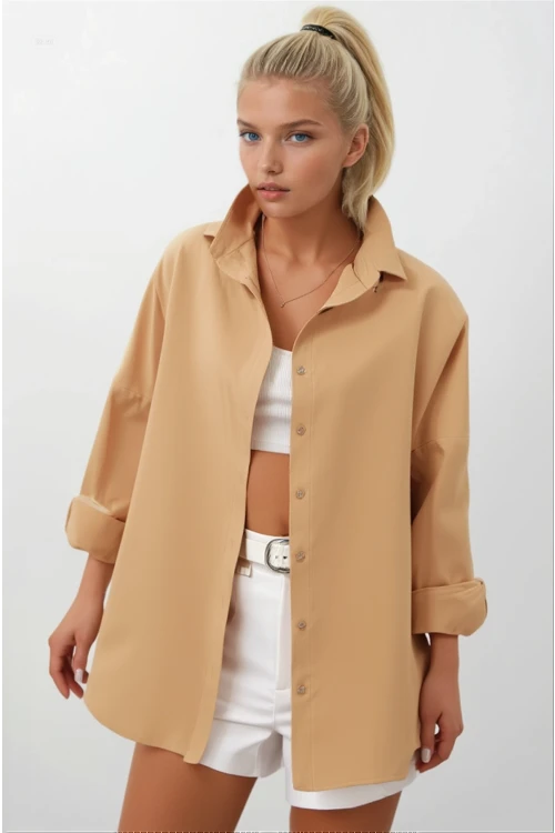 Kadın Camel Oversize Uzun Basic Gömlek  HZL22W-BD139001