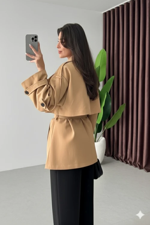 Kadın Camel Premium Midi Boy Astarlı Kaşe Kaban HZL25W-BD191571