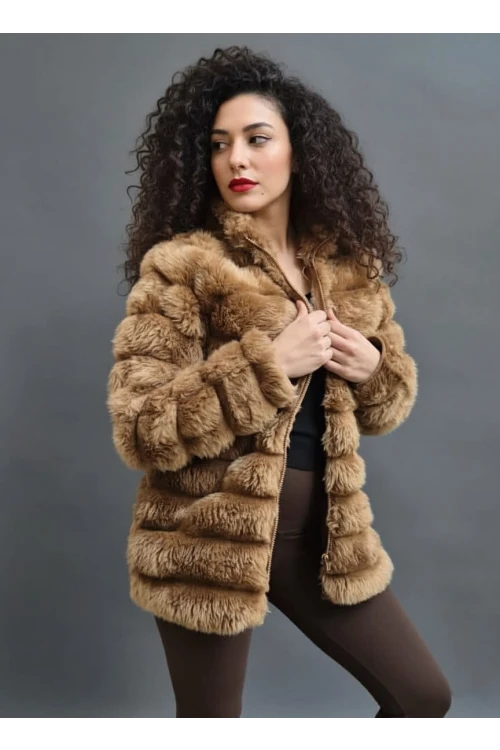 Kadın Camel Şık Peluş Suni Kürk Ceket HZL23W-DSB110061