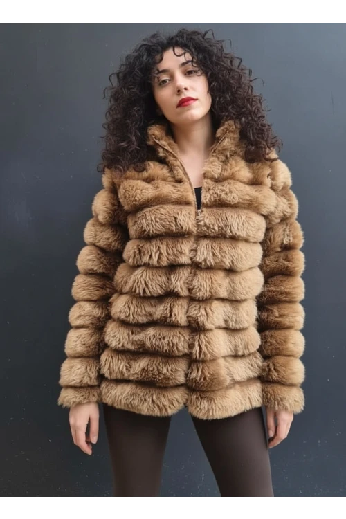 Kadın Camel Şık Peluş Suni Kürk Ceket HZL23W-DSB110061