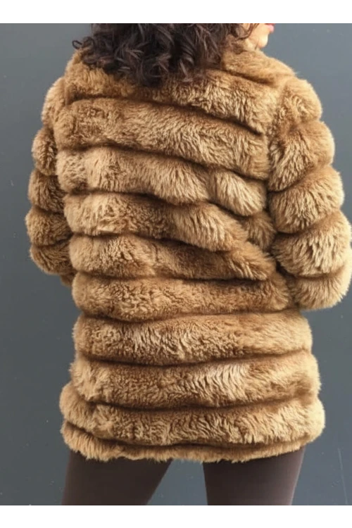 Kadın Camel Şık Peluş Suni Kürk Ceket HZL23W-DSB110061