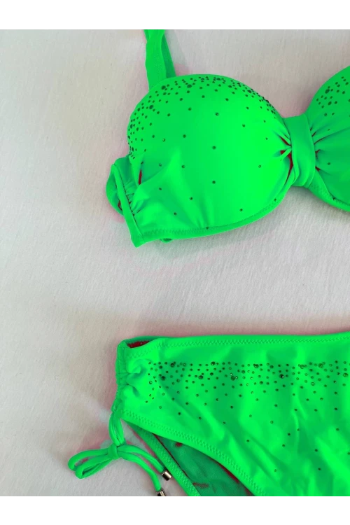 Kadın Canlı Yeşil Taş İşlemeli Astarlı Bikini Takım HZL25S-LC3361