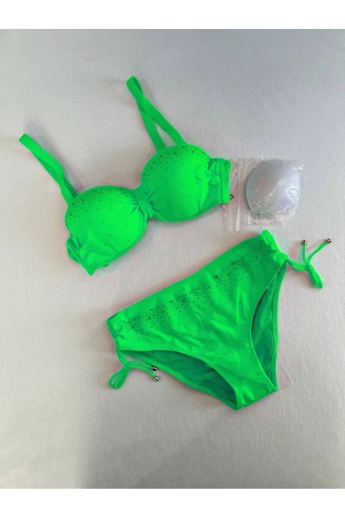 Kadın Canlı Yeşil Taş İşlemeli Astarlı Bikini Takım HZL25S-LC3361