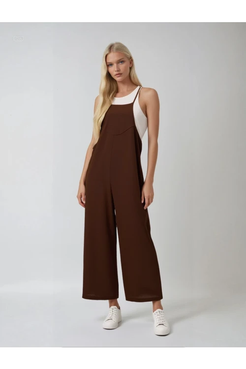 Kadın Çikolata Ayarlanabilir Askılı Cepli Bol Paça Bahçıvan Tulum HZL22S-BD170191