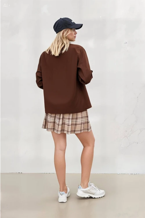 Kadın Çikolata Oversize Uzun Basic Gömlek Hzl22w-bd139001