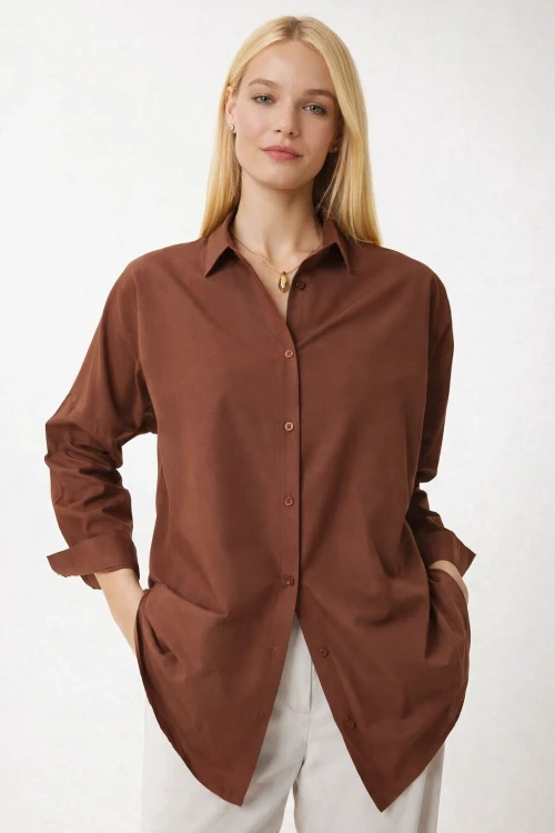Kadın Çikolata Oversize Uzun Basic Gömlek Hzl22w-bd139001