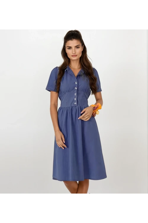 Kadın Denim Kısa Kollu Beli lastikli Yarım Düğmeli Göğüs Pensli Kot Elbise HZL22S-BD122101