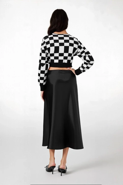 Kadın Düz Siyah Saten Yüzeyli Beli Lastikli Midi Boy Etek Hzl23s-bd1101471