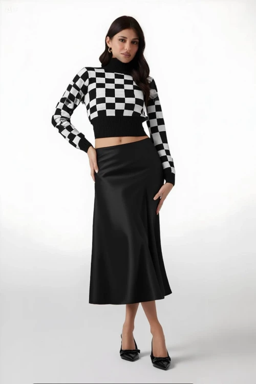 Kadın Düz Siyah Saten Yüzeyli Beli Lastikli Midi Boy Etek Hzl23s-bd1101471