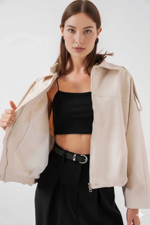 Kadın Ekru Oversize Fermuarlı ve Düğmeli Yandan Cepli Suni Deri Ceket HZL25W-BD110551