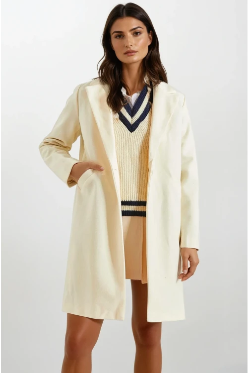 Kadın Ekru Tek Düğmeli Çift Cepli Astarlı Şık Kaşe Kaban HZL23W-BD190851