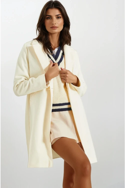 Kadın Ekru Tek Düğmeli Çift Cepli Astarlı Şık Kaşe Kaban HZL23W-BD190851