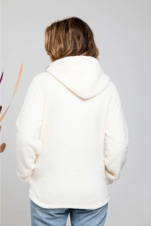 Kadın Ekru Welsoft esnek kumaş Peluş Yumoş Önü Fermuarlı Kapüşonlu Ceket HZL23W-DSB110081
