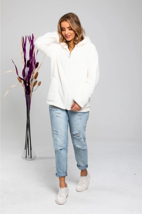 Kadın Ekru Welsoft esnek kumaş Peluş Yumoş Önü Fermuarlı Kapüşonlu Ceket HZL23W-DSB110081