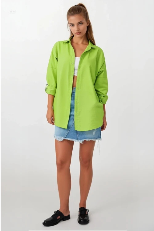 Kadın Fıstık Yeşili Oversize Uzun Basic Gömlek HZL22W-BD139001