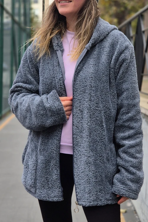 Kadın Füme Welsoft esnek kumaş Peluş Yumoş Önü Fermuarlı Kapüşonlu Ceket HZL23W-DSB110081