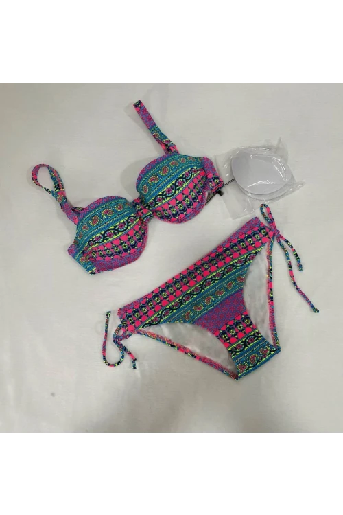 Kadın Fuşya Çok Renkli Etnik Desen Atarlı Bikini Takımı HZL25S-LC8004
