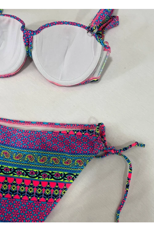 Kadın Fuşya Çok Renkli Etnik Desen Atarlı Bikini Takımı HZL25S-LC8004