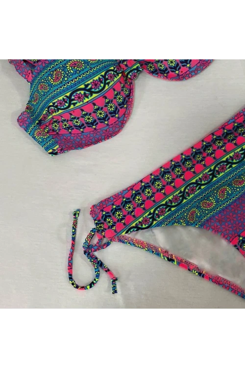 Kadın Fuşya Çok Renkli Etnik Desen Atarlı Bikini Takımı HZL25S-LC8004