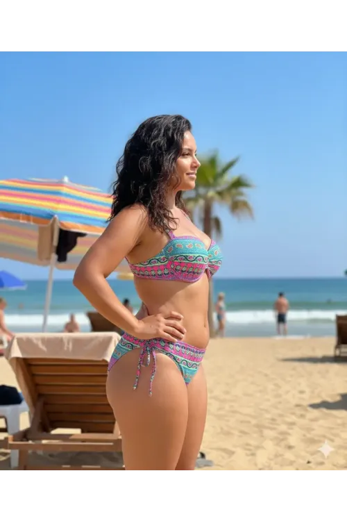 Kadın Fuşya Çok Renkli Etnik Desen Atarlı Bikini Takımı HZL25S-LC8004