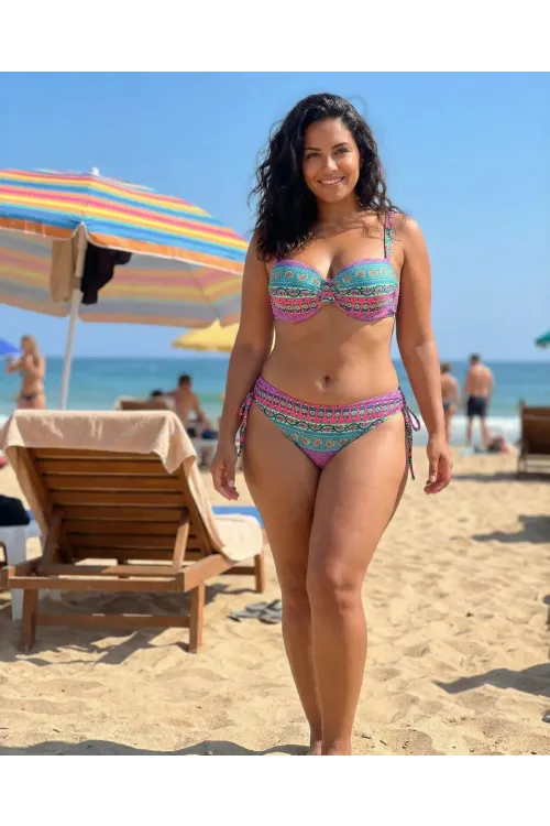 Kadın Fuşya Çok Renkli Etnik Desen Atarlı Bikini Takımı HZL25S-LC8004