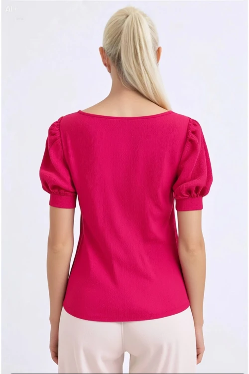 Kadın Fuşya Kare Yaka Örme Bluz HZL22W-BD104091