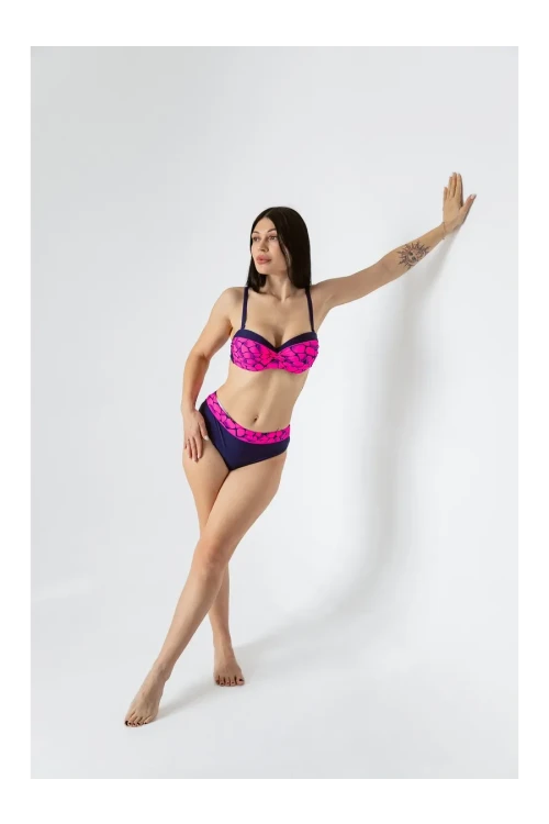 Kadın Fuşya Lacivert Desenli Astarlı Bikini Takımı HZL25S-LC25143