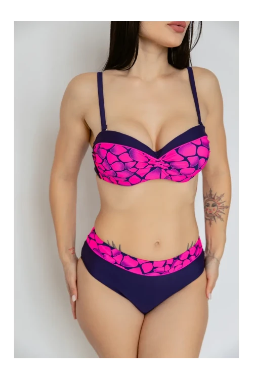 Kadın Fuşya Lacivert Desenli Astarlı Bikini Takımı HZL25S-LC25143