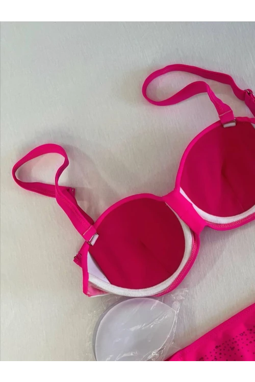 Kadın Fuşya Taş İşlemeli Astarlı Bikini Takım HZL25S-LC3361