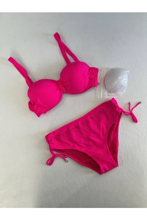 Kadın Fuşya Taş İşlemeli Astarlı Bikini Takım HZL25S-LC3361