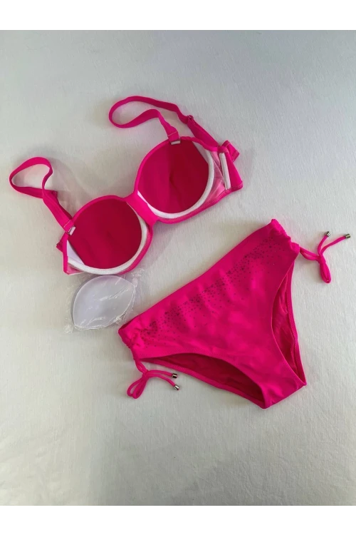 Kadın Fuşya Taş İşlemeli Astarlı Bikini Takım HZL25S-LC3361