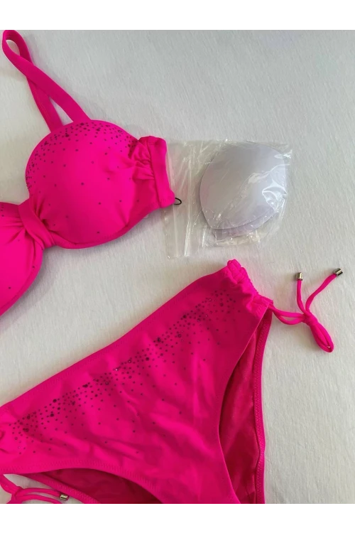 Kadın Fuşya Taş İşlemeli Astarlı Bikini Takım HZL25S-LC3361