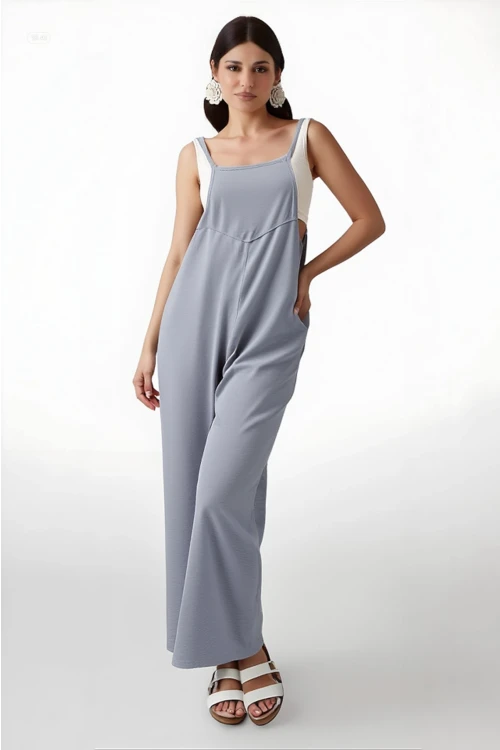 Kadın Gri Ayarlanabilir Askılı Cepli Bol Paça Bahçıvan Tulum HZL22S-BD170191