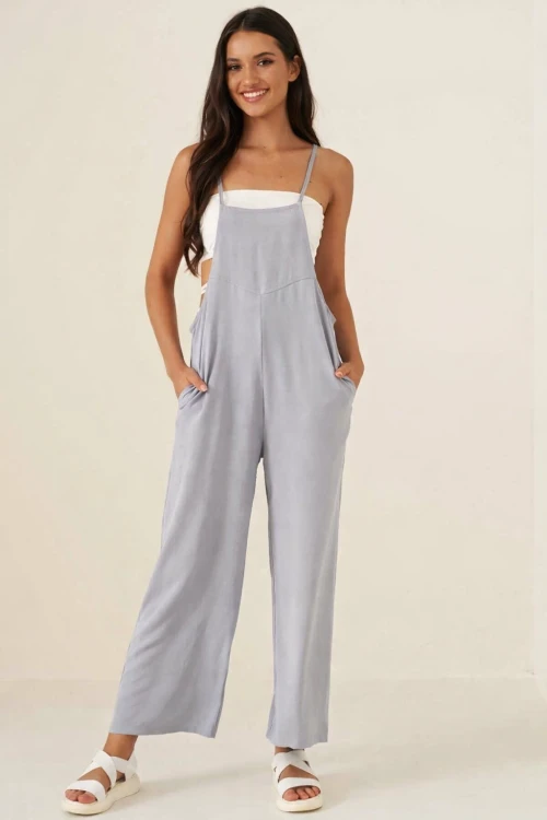 Kadın Gri Ayarlanabilir Askılı Cepli Bol Paça Bahçıvan Tulum HZL22S-BD170191