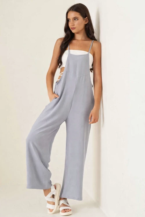 Kadın Gri Ayarlanabilir Askılı Cepli Bol Paça Bahçıvan Tulum HZL22S-BD170191